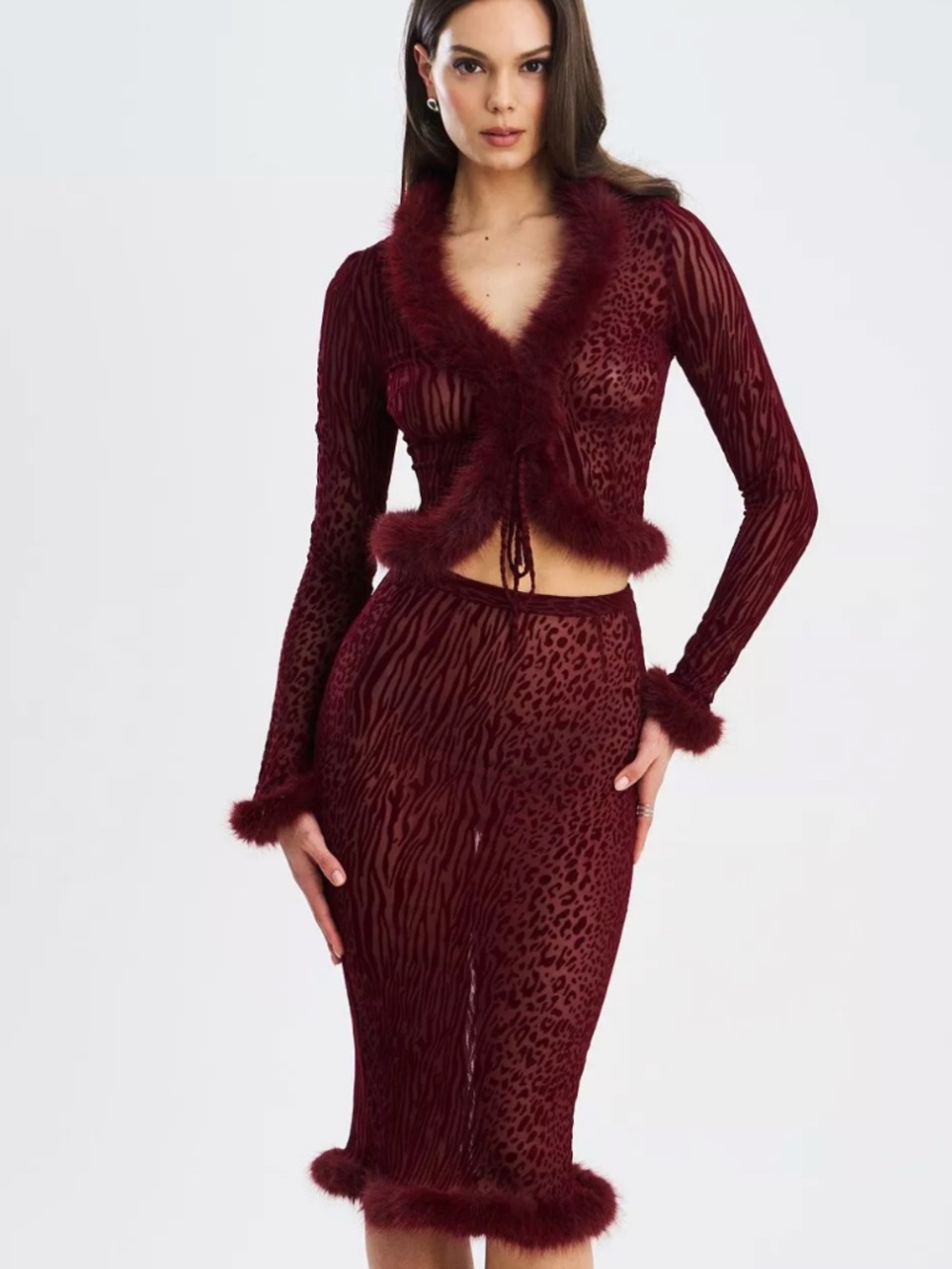 Miss Circle Halia Burgundy Animal Print Burnout Velvet Fur Trim Skirt & Top XXS